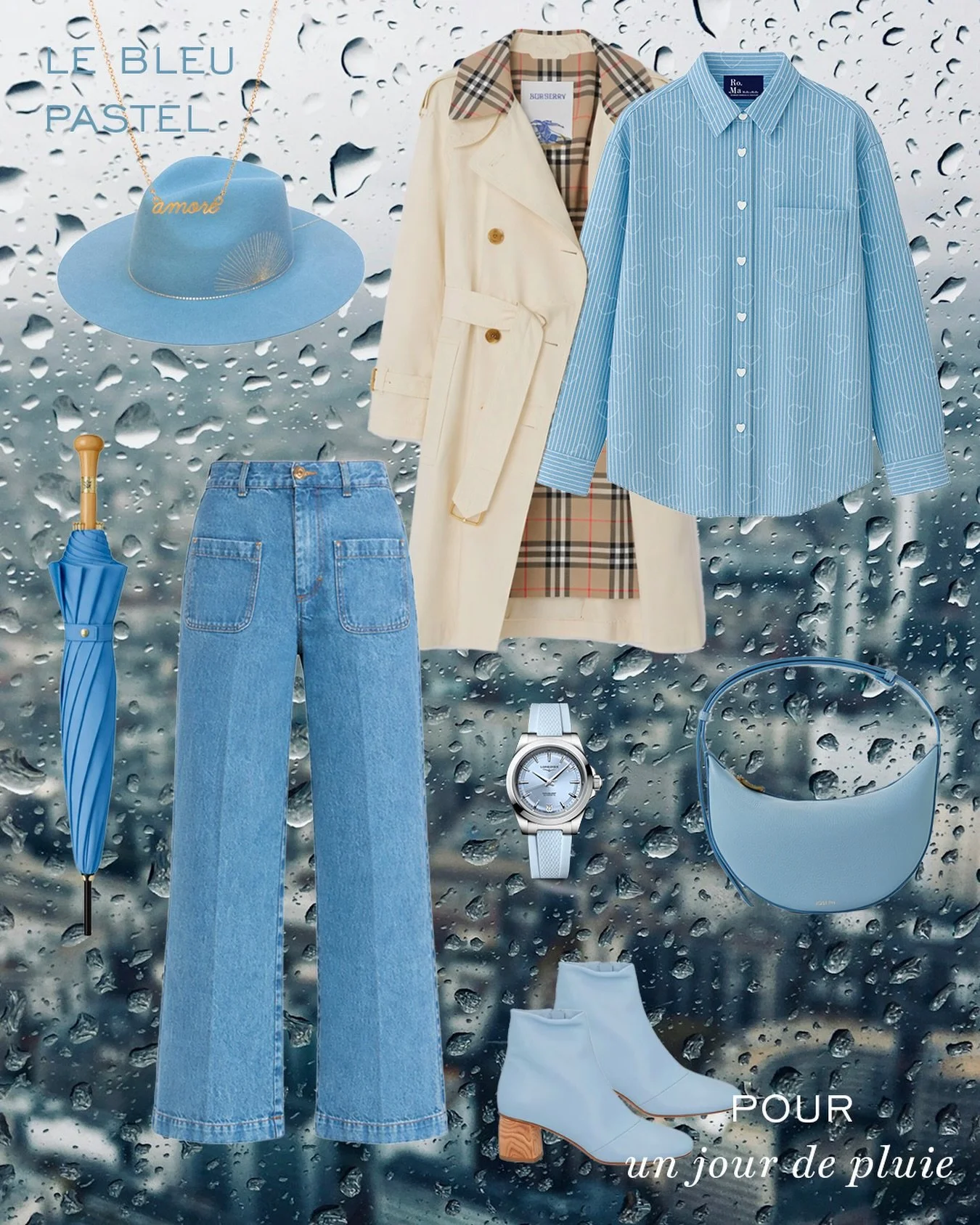Look bleu pastel pour un jour de pluie 🌧️🩵

Collier en Or Amore @unbaiserfrancaissilvousplait 
79&nbsp;&euro;

Chapeau #vanpalma
240&nbsp;&euro;

Trench #Burberry
2 150&nbsp;&euro;

Chemise Coeurs Bella @romamoreamore 
145&nbsp;&euro;

Jean #Sandro