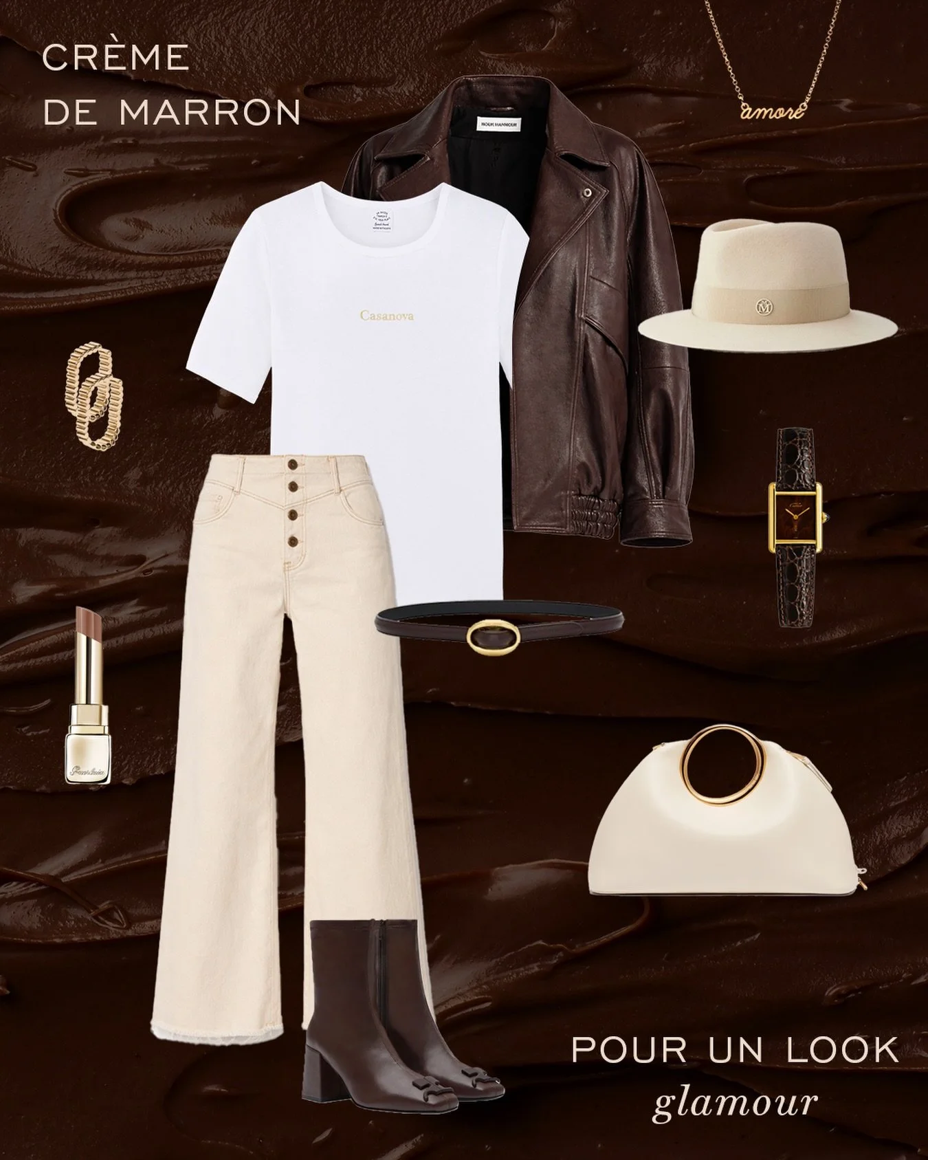 CR&Egrave;ME DE MARRON 🤎
POUR UN LOOK GLAMOUR QUI PASSE CR&Egrave;ME 🤍

Collier amore en or @unbaiserfrancaissilvousplait 
79&nbsp;&euro;

Bomber #nourhammour 
1 550&nbsp;&euro;

T-shirt brod&eacute; Casanova @unbaiserfrancaissilvousplait 
42,50&nb