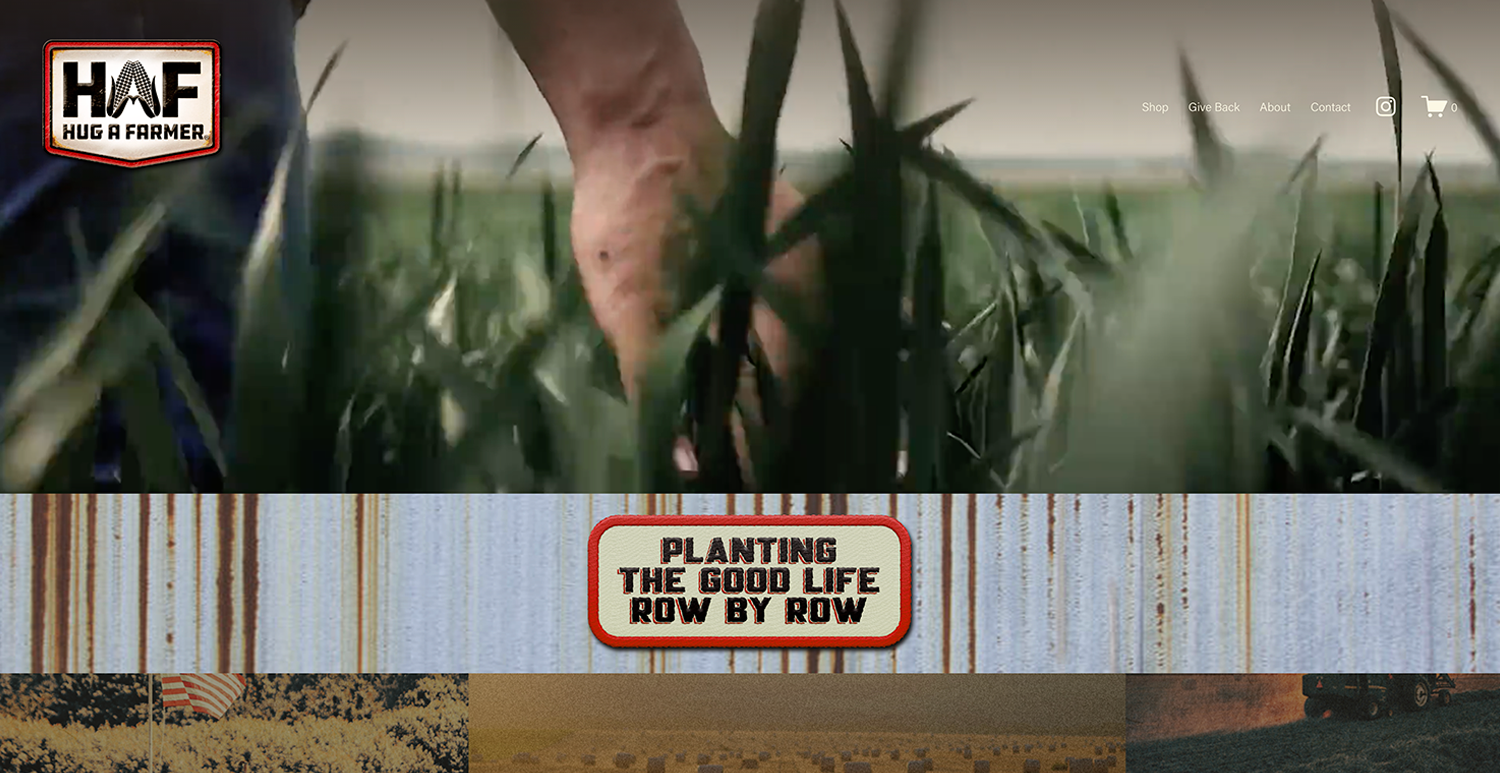 Close-up of a person's hand tending to green crops in a field, with a website header and slogan about planting the good life, row by row.