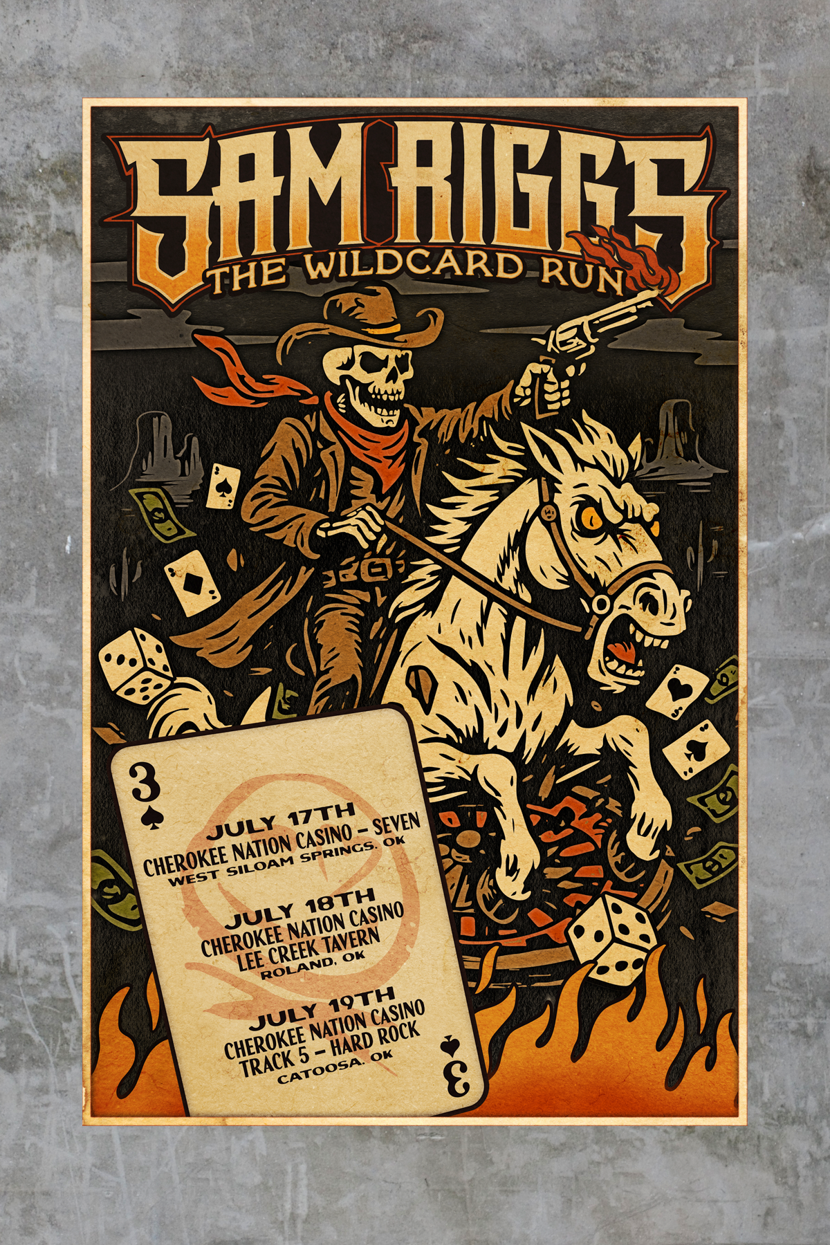 A poster for a Western-themed event titled 'Sam Rigs: The Wildcard Run.' It features a skeleton cowboy riding a fierce-looking horse with flames at the bottom. The event details list three dates and locations in Oklahoma, with themes including casino