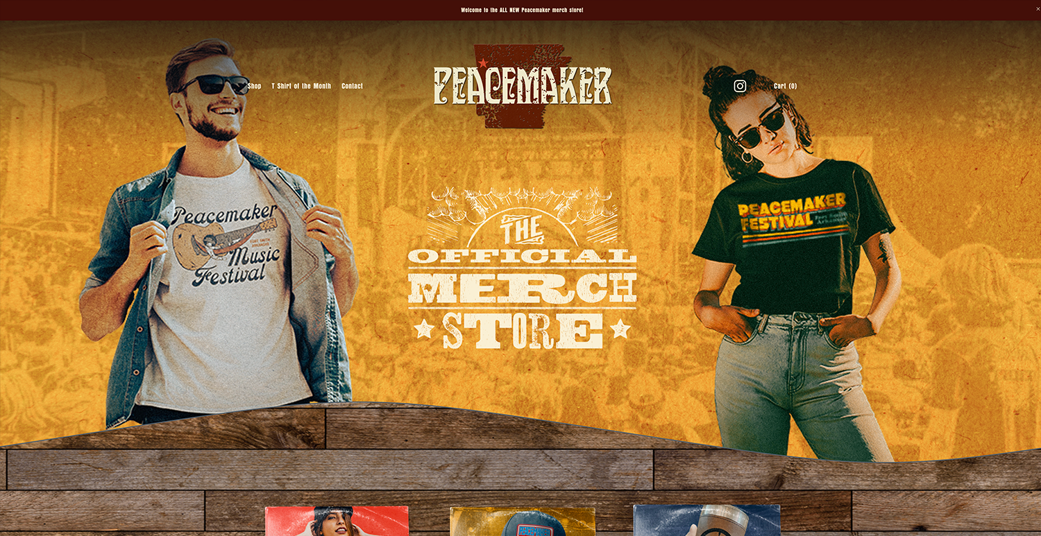 A promotional webpage for the Peacemaker Music Festival features a man and woman wearing T-shirts with festival branding, standing against a yellow-orange textured background with the festival's logo and store information.
