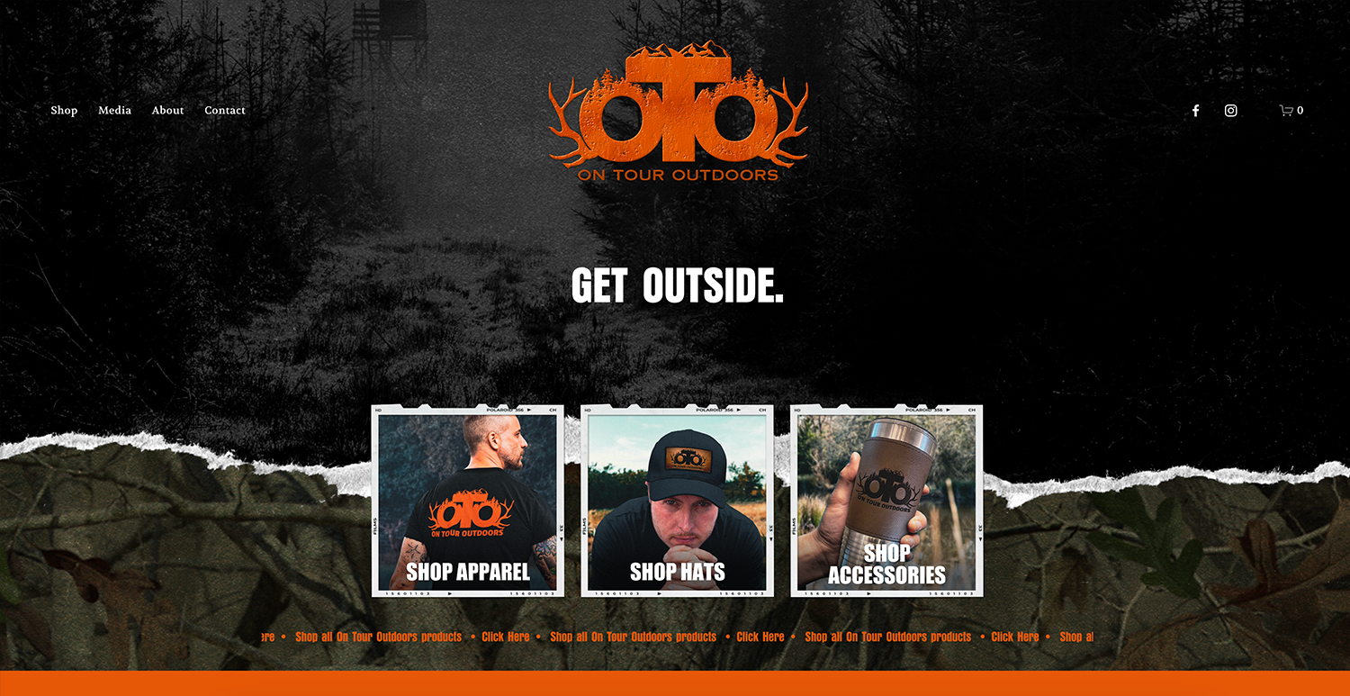 Homepage of On Tour Outdoors website featuring a dark forest background and the logo with orange moose antlers. The slogan "Get Outside" is centered. There are three product categories below: apparel, hats, and accessories, each with a model or product image. Navigation links are at the top for shop, media, about, and contact. Social media icons and a shopping cart icon are in the upper right corner.