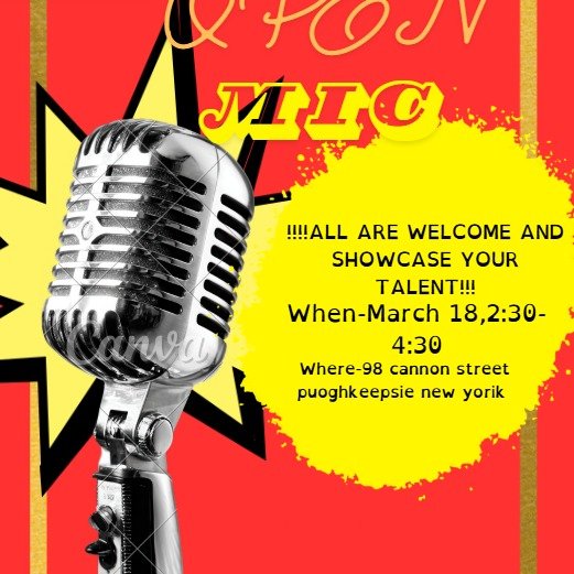 The Hudson Valley Clubhouse is holding an open mic on Wednesday March 18 from about 2:30-4:30pm. All are welcome whether you like to do comedy skits singing wrapping or playing in instrument. The sky's the limit! Hope to see you there!