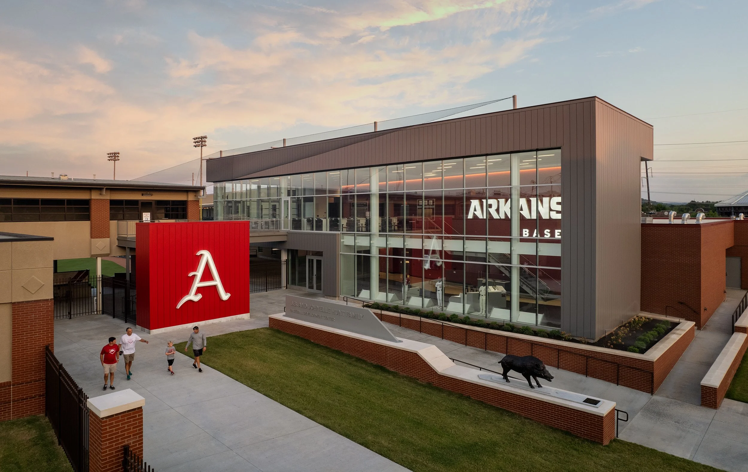 University-of-Arkansas-Baseball-Development-Center-Sunset-Aerial-Lobby-Entry-Angle.jpg