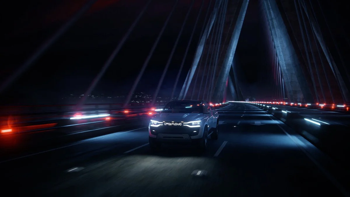 Ram electric truck on a bridge