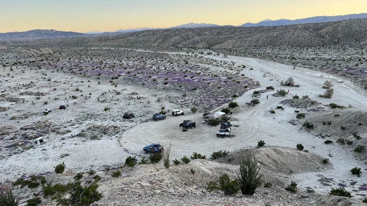 Overland campsite in the desert with a lot of Toyota FJ Cruisers