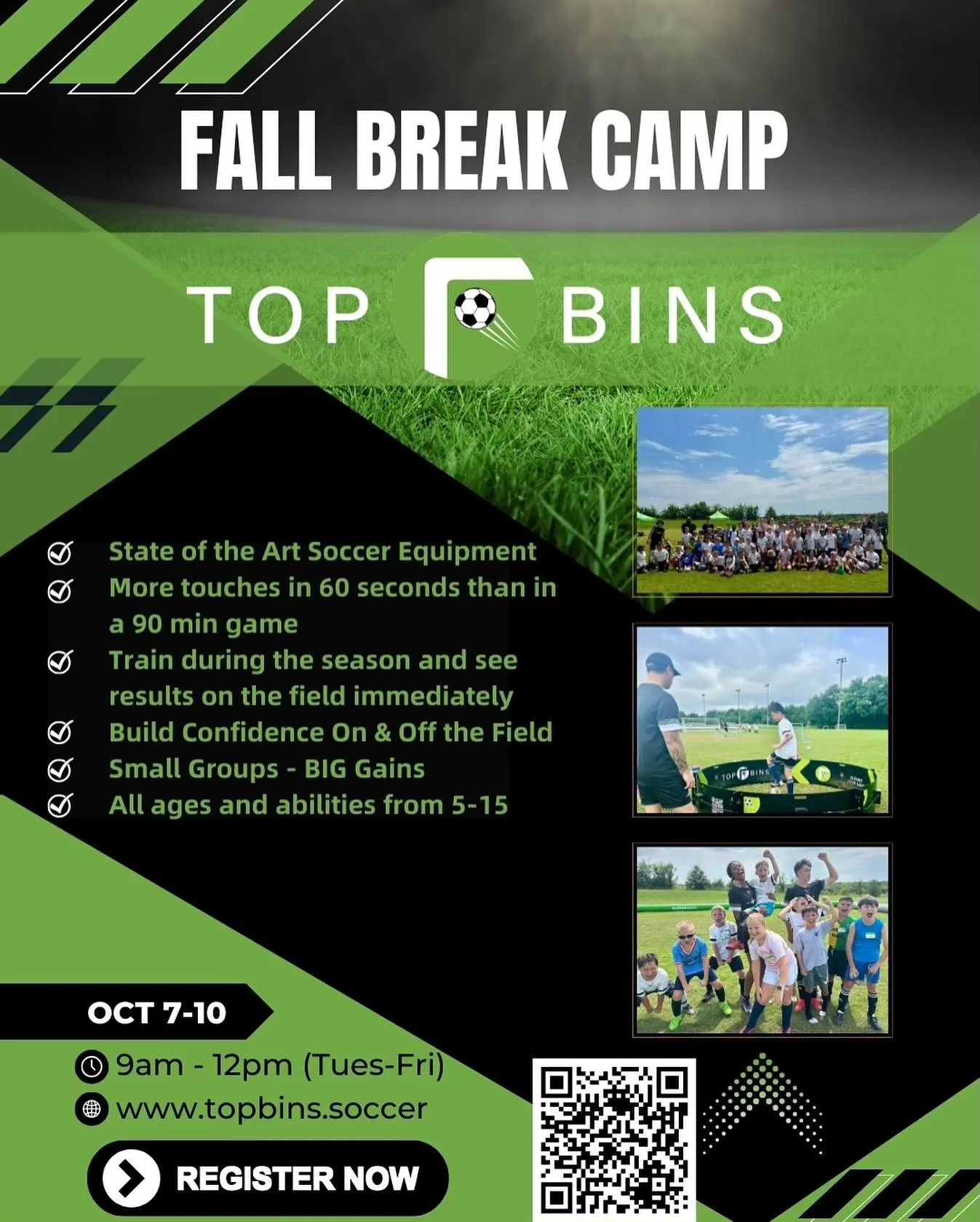 This fall, elevate your game at Top Bins Soccer Camp! Whether you&rsquo;re looking to fine-tune your skills or take your training to new heights, this camp is for YOU!
🔥 Camp Highlights:
Fast Feet Training to sharpen your agility and footwork 💥
Wir