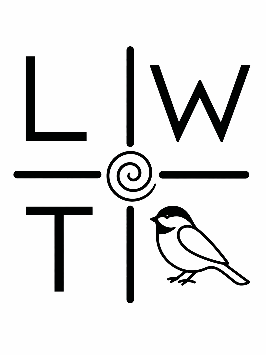The word 'LWT' in stylized text with a swirl in the center, a bird illustration in the bottom right corner, and horizontal lines at each side of the swirl.