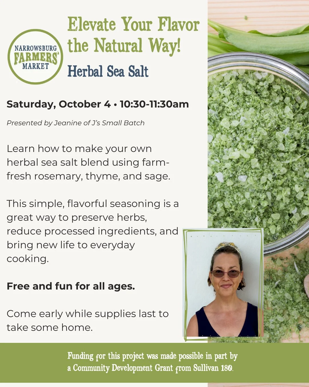 🌿✨ Make &amp; Take: Herbal Sea Salt ✨🌿⁠
⁠
Join Jeanine of J&rsquo;s Small Batch this Saturday, October 4, and learn how to make your own herbal sea salt blend using farm-fresh rosemary, thyme, and sage!⁠
⁠
This simple, flavorful seasoning is a deli