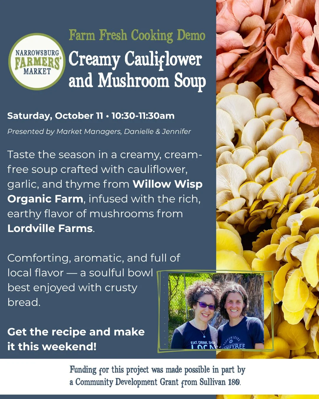 🍄 Farm Fresh Cooking Demo: Creamy Cauliflower &amp; Mushroom Soup 🍲⁠
⁠
Join us Saturday, October 11, 10:30&ndash;11:30am, for a cozy fall cooking demo!⁠
⁠
Taste the season in a creamy, cream-free soup crafted with cauliflower, garlic, and thyme fro