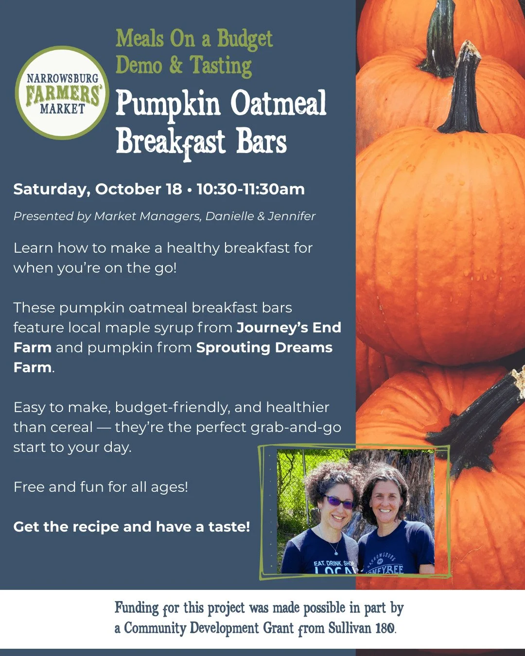 🎃 Meals on a Budget: Pumpkin Oatmeal Breakfast Bars⁠
⁠
Join us this Saturday, October 18, 10:30&ndash;11:30am, for a free demo &amp; tasting!⁠
⁠
Learn how to make a quick, healthy breakfast that&rsquo;s easy on the wallet and perfect for busy mornin