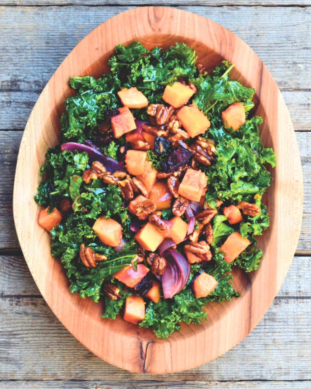 Make This! Kale Harvest Salad 🥗🍁⁠
⁠
Hearty, colorful, and flavor-packed &mdash; this is the salad that wins over everyone at the Thanksgiving table (even the kale-skeptics). ⁠
⁠
The roasted squash, earthy beets, sweet and crunchy pecans, and balsam