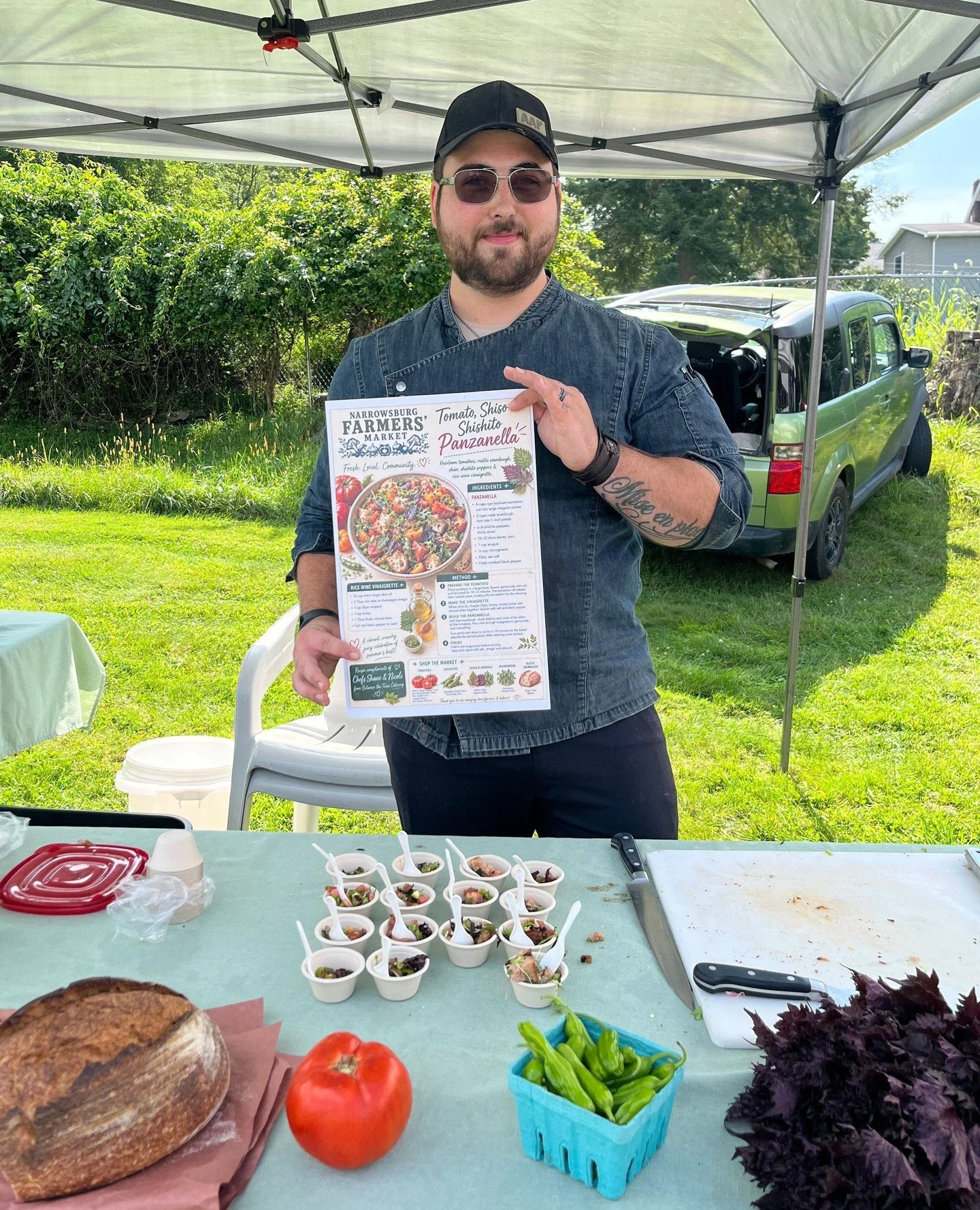A big thank you to Chef Shane of @BetweenTheTines Catering for joining us at the market last weekend and cooking up something seriously delicious. 🍅🌿⁠
⁠
His Tomato, Shiso &amp; Shishito Panzanella brought together some of our favorite market finds: