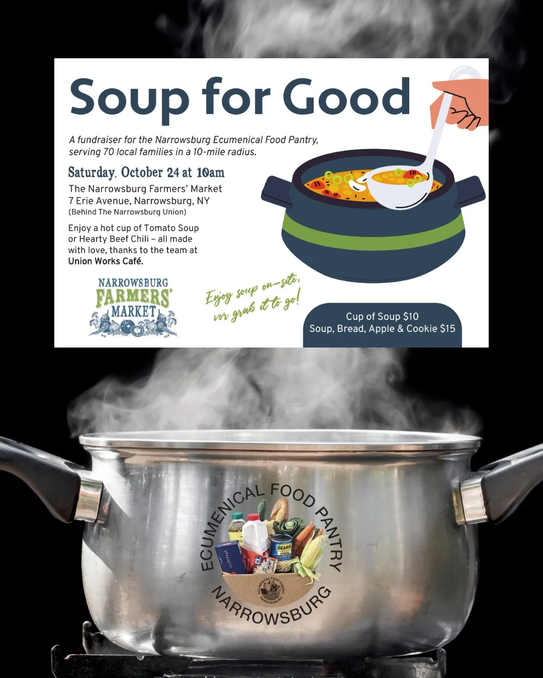 THIS SATURDAY: Come hungry 🥣⁠
⁠
Soup for Good is happening this Saturday, October 24!⁠
⁠
Our local farmers and food producers have donated the ingredients. ⁠
⁠
Union Works Caf&eacute; is turning them into hot tomato soup and hearty beef chili. ⁠
⁠
O