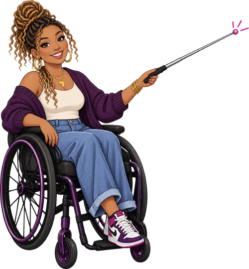 Illustrated Black woman teacher using a wheelchair and pointing toward the classroom chalkboard