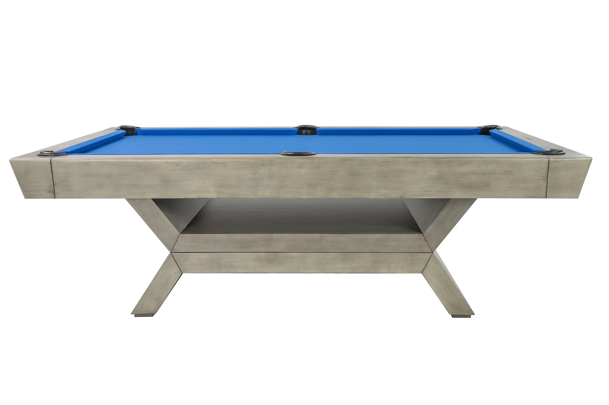 Pool table with a gray wooden frame and blue felt surface