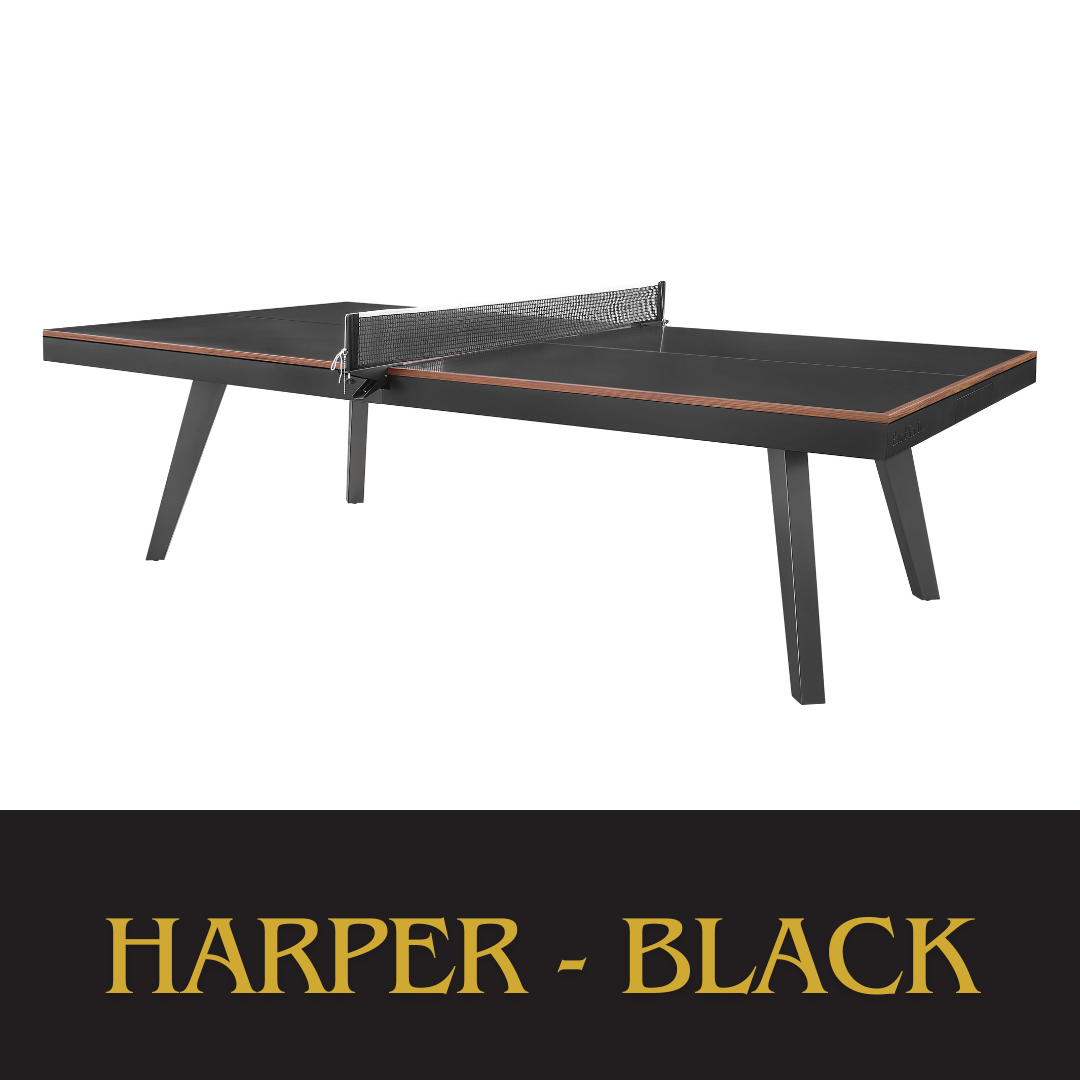 Designed with the Classic European spirit in mind, the Harper Ping Pong table offers a seamless blend of timeless beauty and sylish sophistication.  A black playing surface is inlaid with high-contrast smooth walnut playing lines for easy play, and a