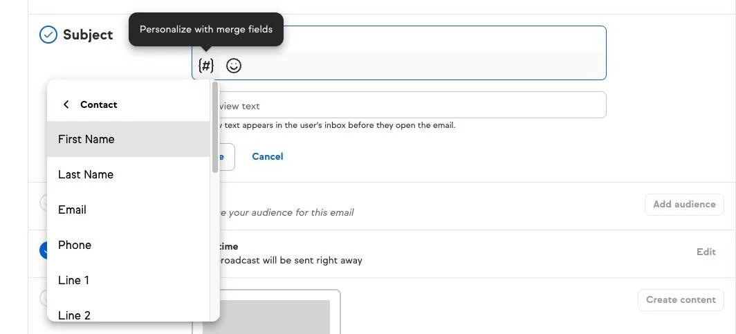 Image showing merge field options that allow an email to be personalized