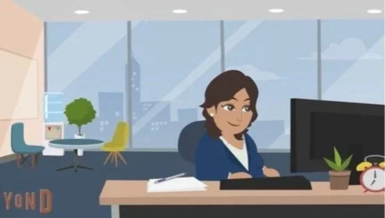Vyond animation of woman working in office.
