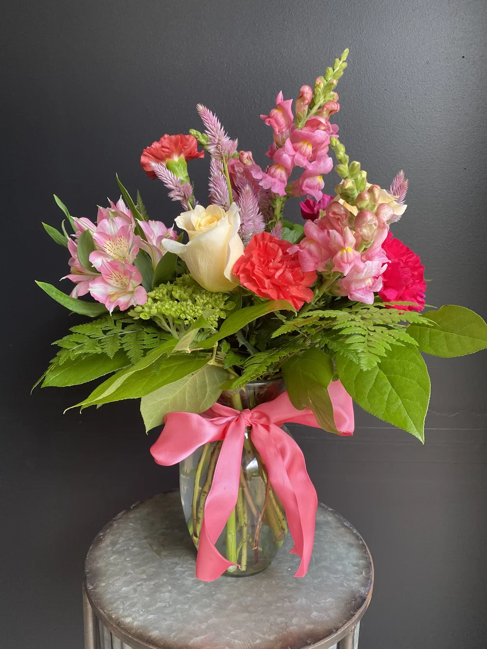 Pink, Coral, Orange Flowers in a vase — Sunset Gardens Greenhouse
