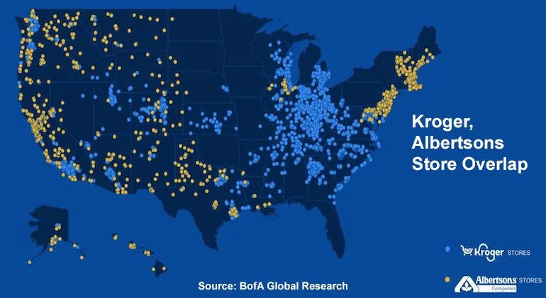Map of the United States showing store overlap between Kroger and Albertsons. Blue dots represent Kroger stores, yellow dots represent Albertsons stores, and overlapping areas show store overlap.