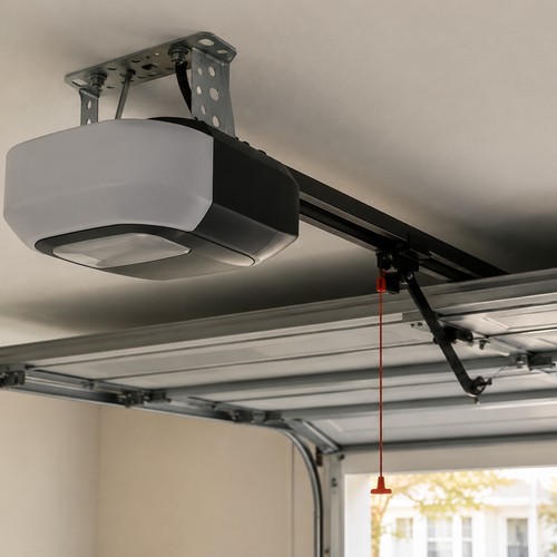 modern garage door opener motor installed on a ceiling track