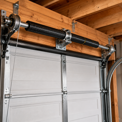 garage door torsion spring on horizontal shaft above opening