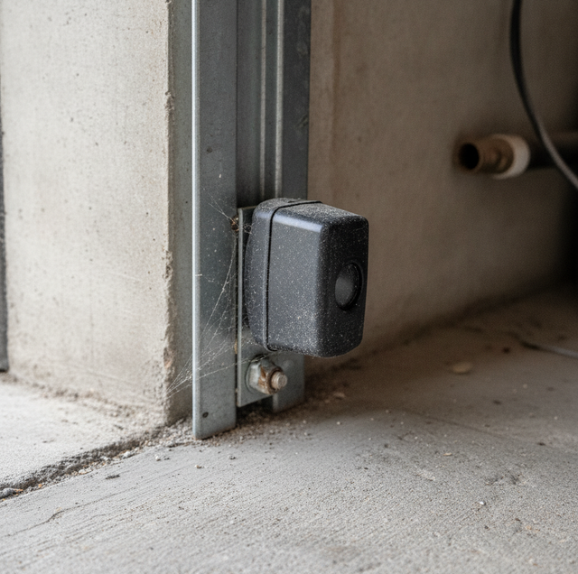 garage door partially open with safety sensor beam visible