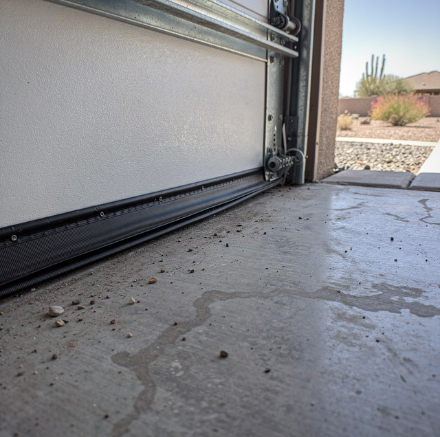 sun-cracked vinyl garage door seal shrinking from concrete
