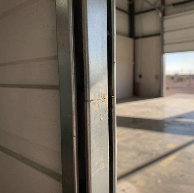 rusted steel commercial roll-up door guides in sunlight