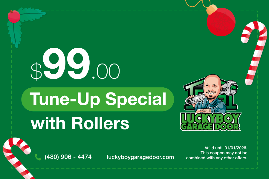 Green Christmas-themed coupon for garage door tune-up special with rollers, priced at $99.00. Includes holiday decorations like candy canes, Christmas ornaments, and holly. Contact number and website at the bottom.