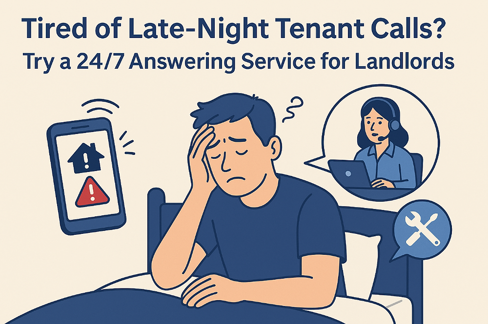 Landlord stressed from late-night tenant maintenance calls using phone alert system with 24/7 answering service illustration
