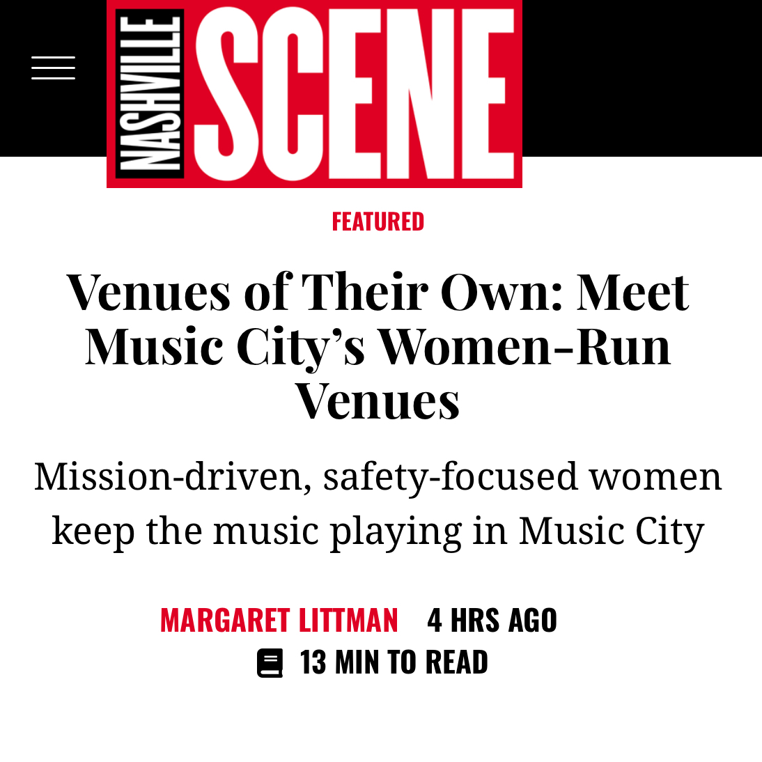 Screenshot of a Nashville Scene article headline about women-run music venues in Music City, with the headline in bold black text, a red 'Featured' label, and the author Margaret Littman in red and black, indicating the article is recent and takes approximately 13 minutes to read.