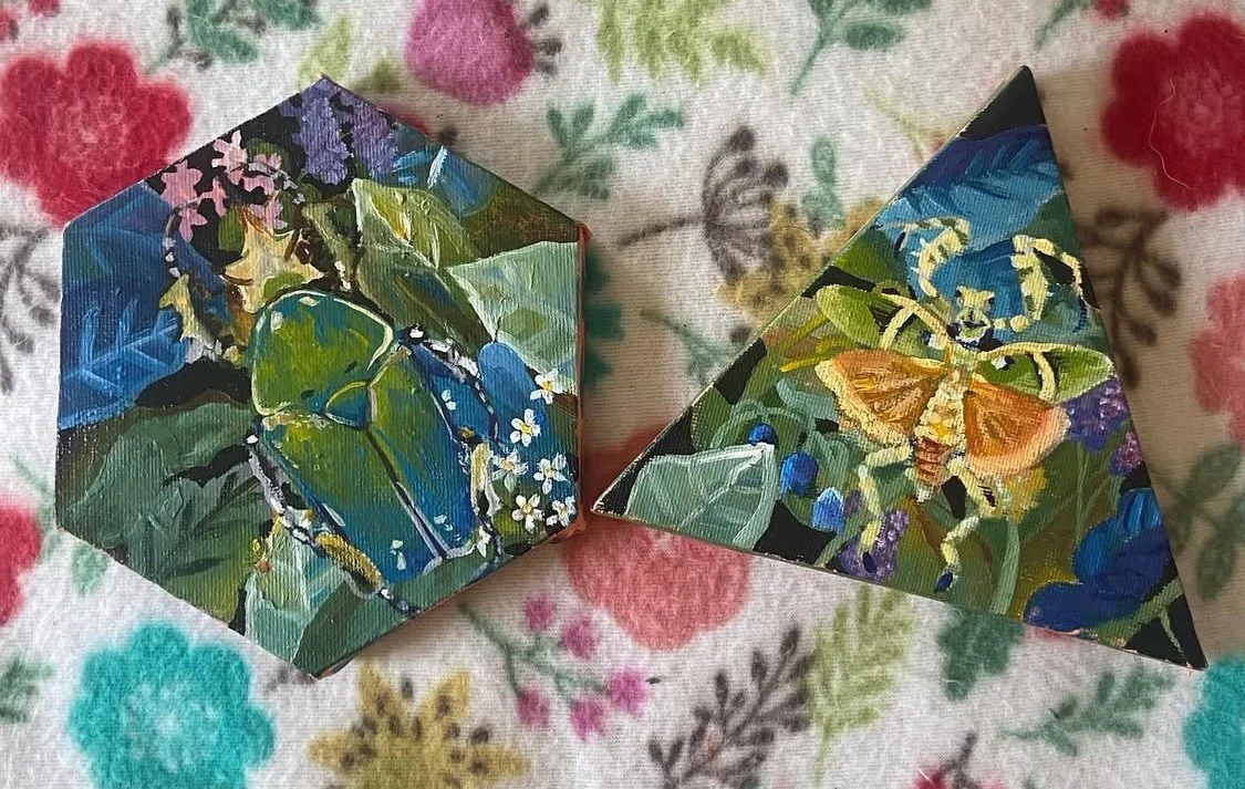 Giant Flower Beetle and Banded Flower Mantis - Acrylic on Canvas