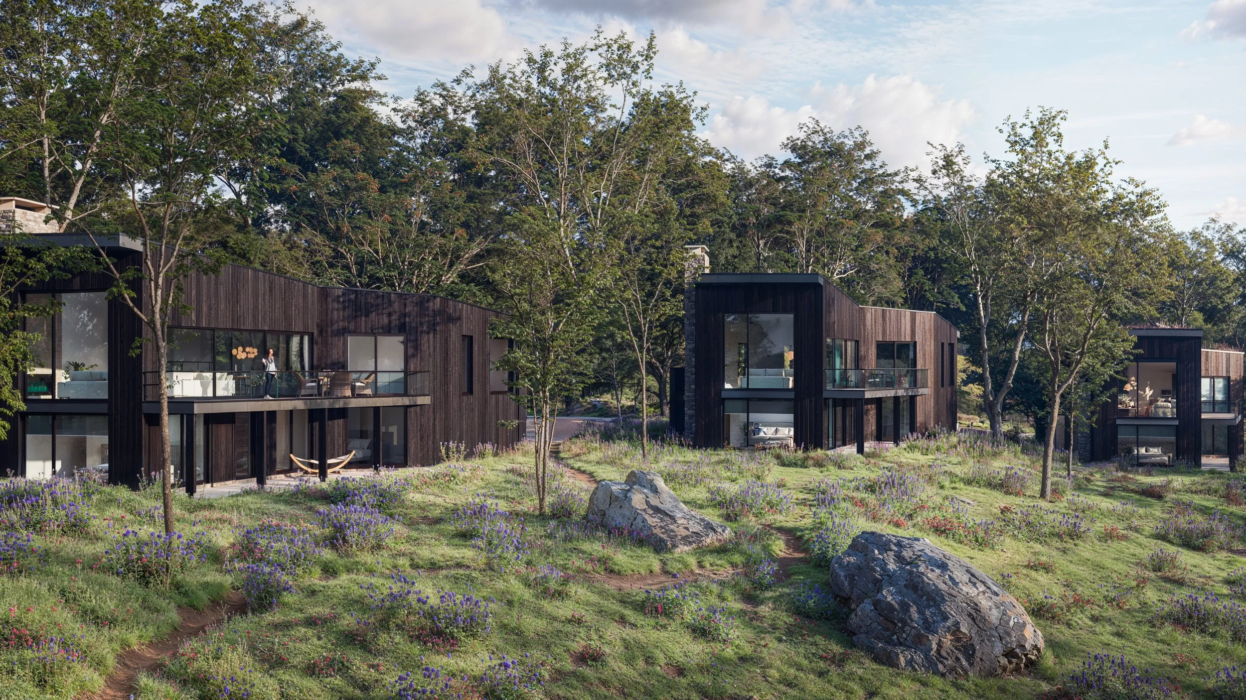 Modern black wooden houses with large glass windows and balconies in a scenic green landscape with trees, rocks, and purple flowers.