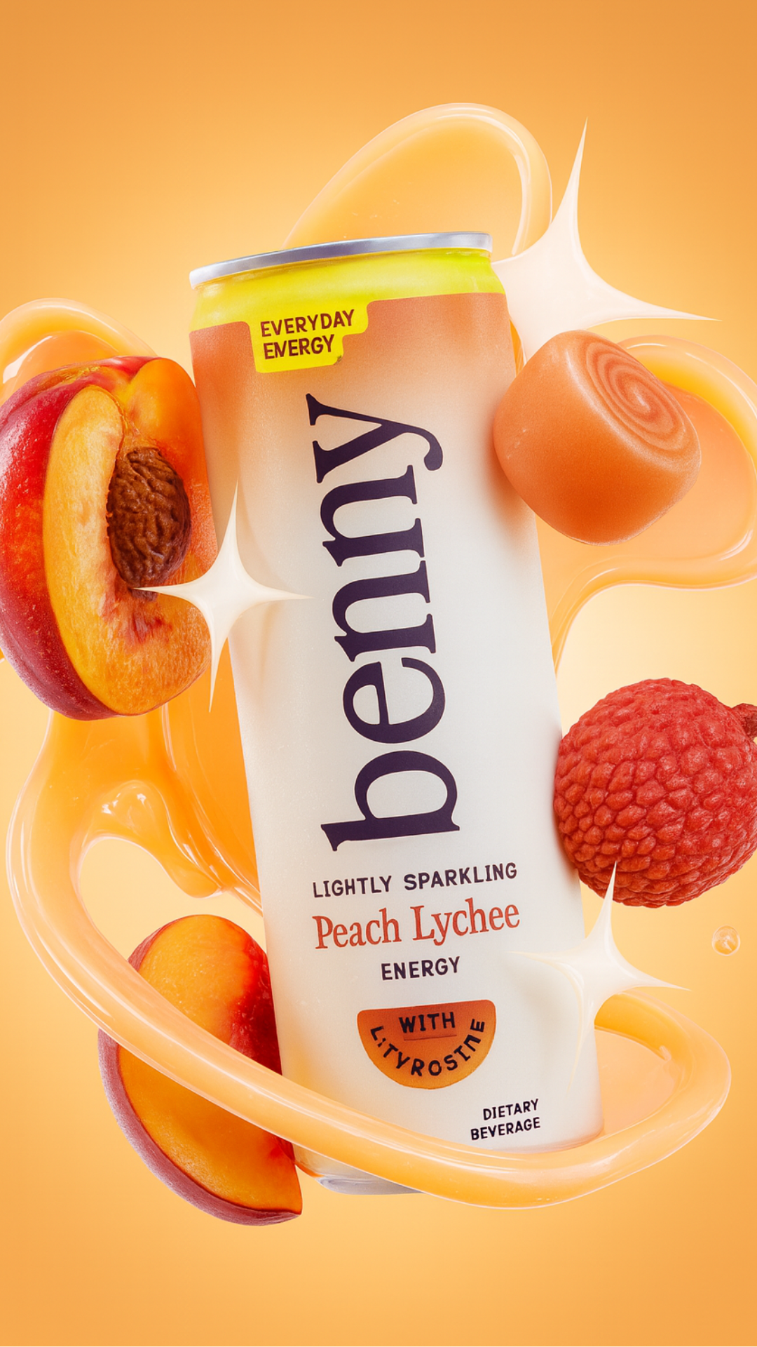 A can of Bumble Lightly Sparkling Peach Lychee energy drink surrounded by peach slices, lychee, and raspberry splashes on a yellow-orange background.