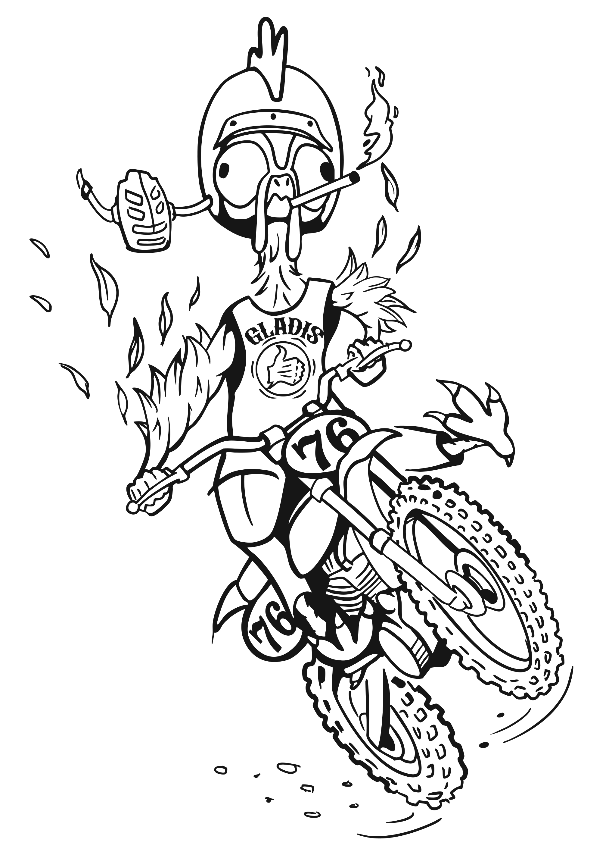 A line art illustration of a character resembling a biker or a warrior riding a motorcycle, wearing a helmet with a feather, smoking a cigarette, holding a mug, and wearing a shirt with the word 'GLADIS' on it.