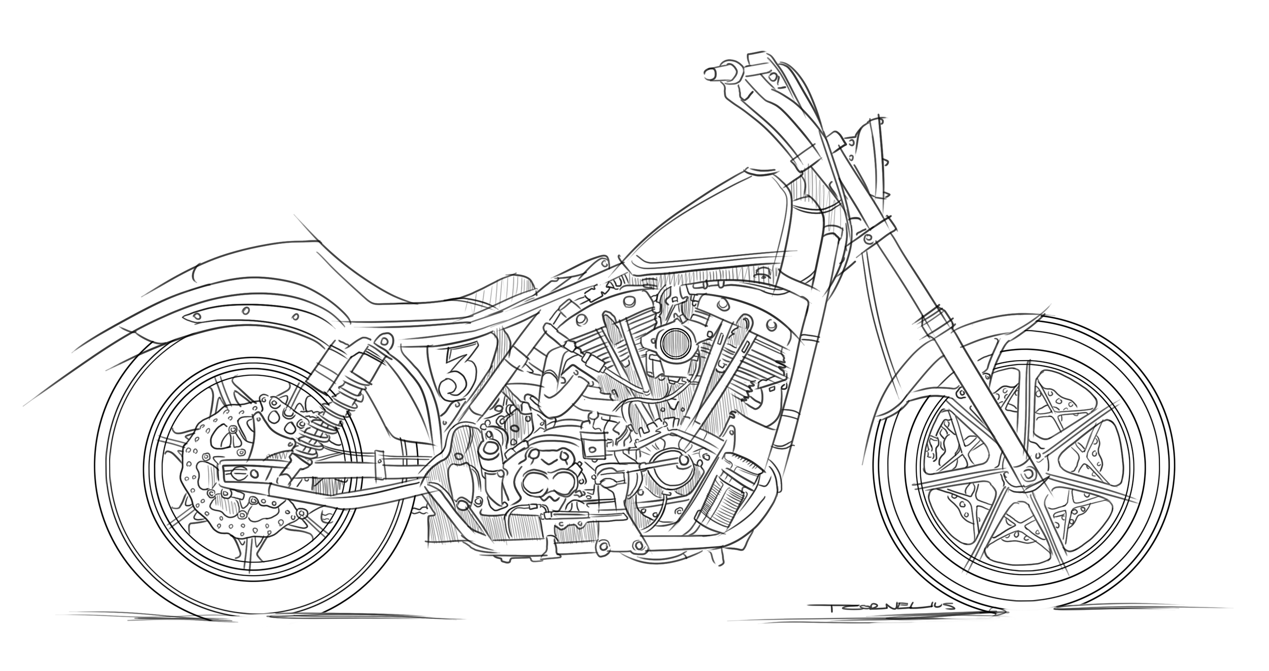 Line drawing of a motorcycle showing detailed components including the wheels, engine, frame, and suspension