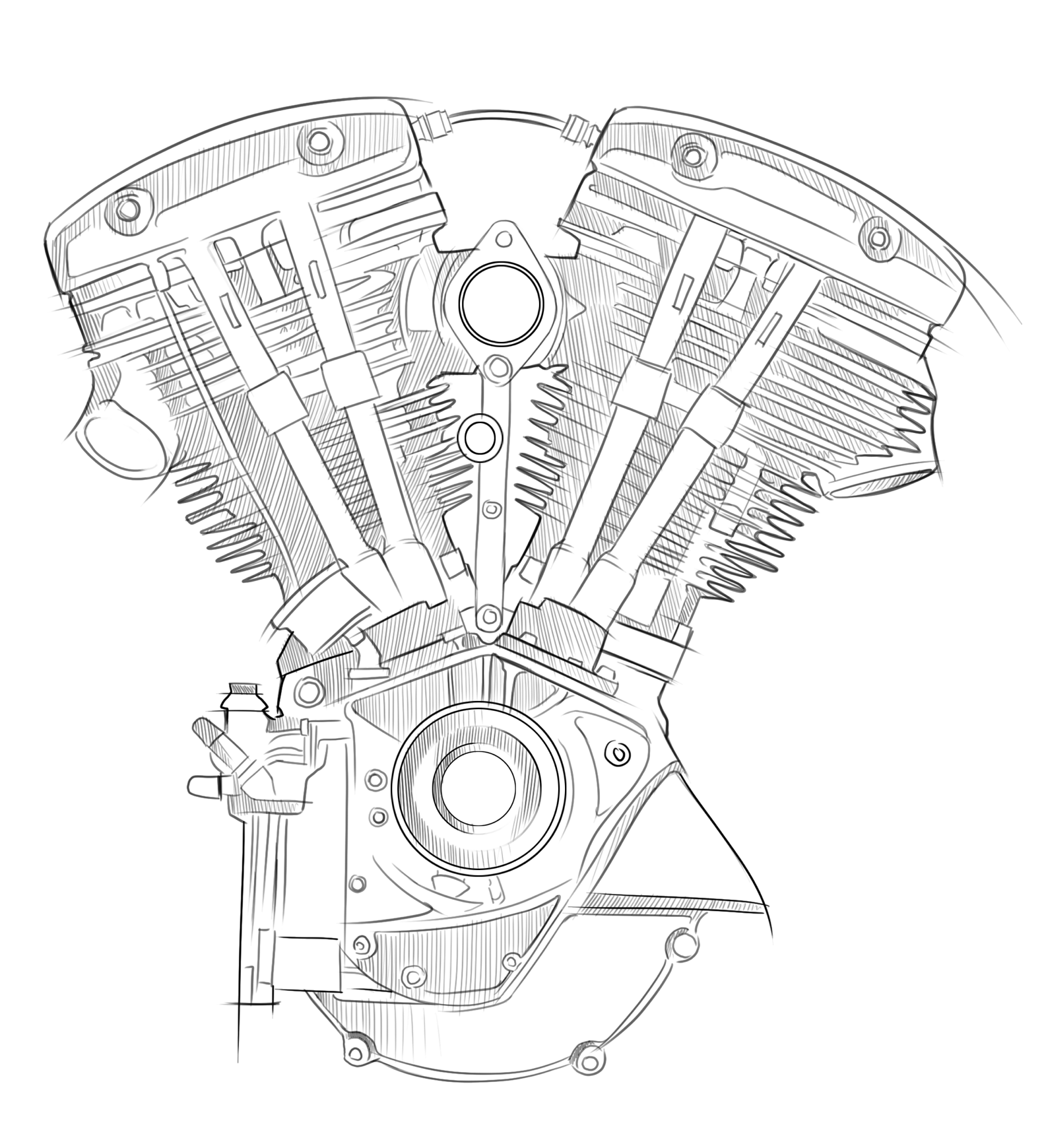 Line drawing of a motorcycle engine viewed from the front, showing various mechanical parts including cylinders, pistons, and the crankcase.