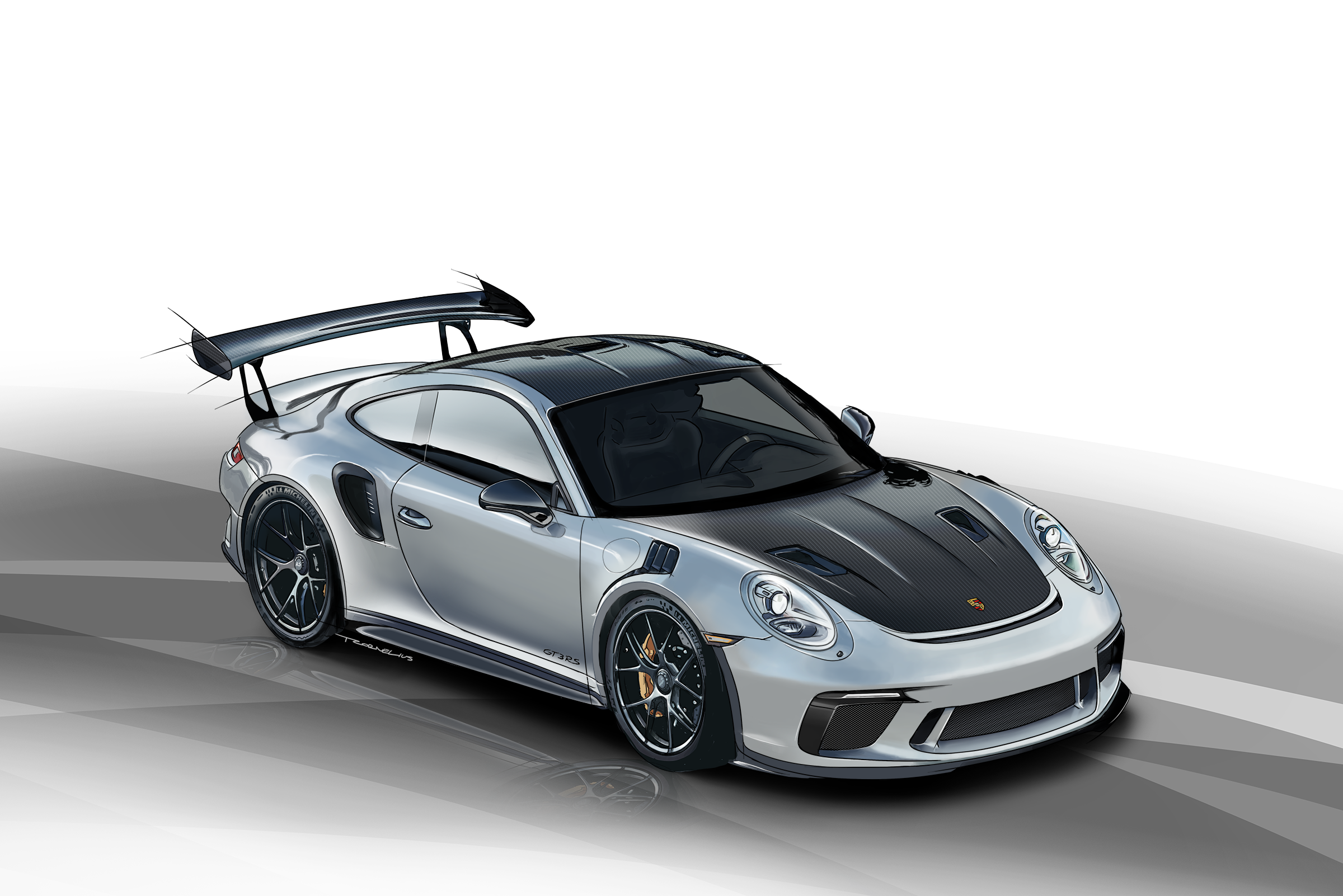 A sleek silver race car with black accents and a large rear spoiler, parked on a light gray surface.