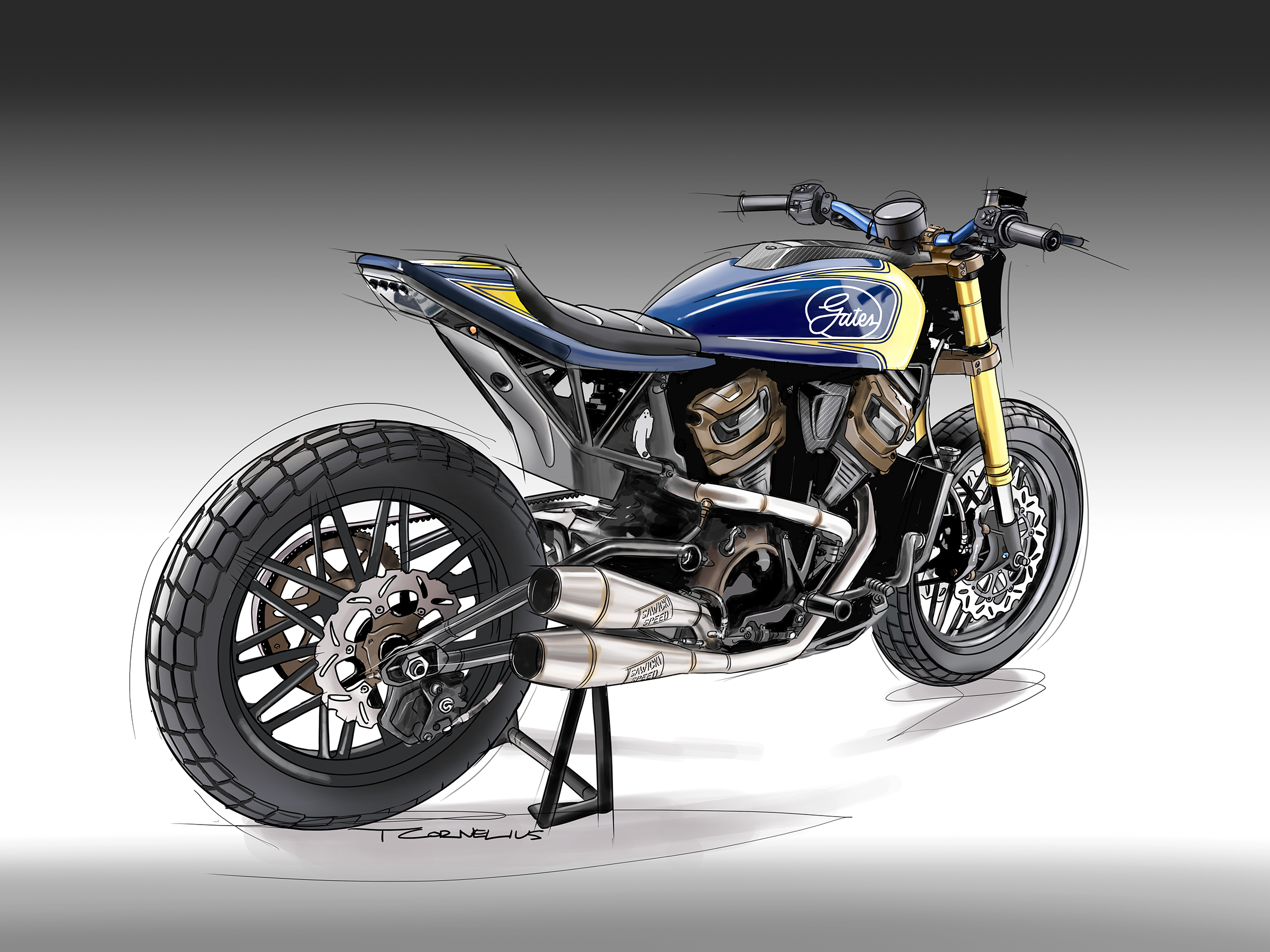 A detailed illustration of a custom motorcycle with a blue, yellow, and black color scheme, featuring a large rear tire, dual exhaust pipes, and a sleek, aerodynamic design.