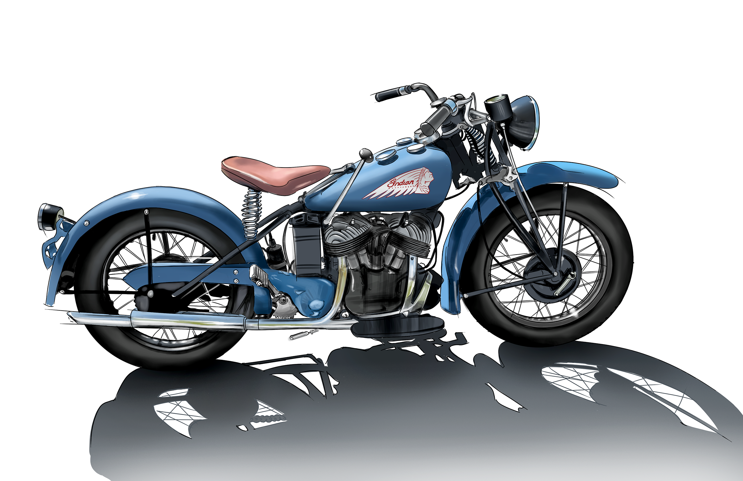 A vintage blue Indian motorcycle with a tan leather seat, black tires, and chrome accents, casting a shadow on a white background.