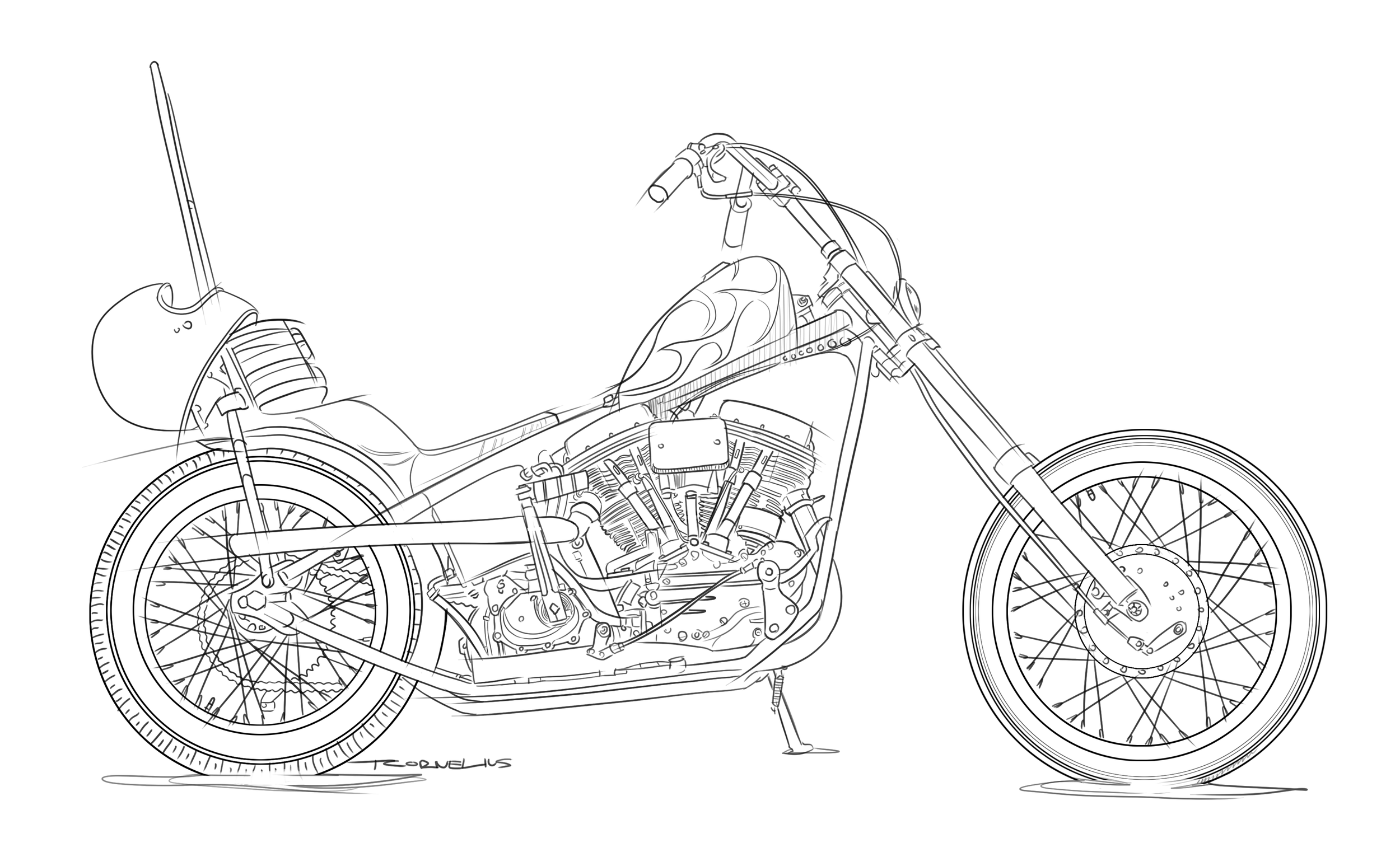 Line drawing of a motorcycle with detailed wheels, engine, and frame, featuring a teardrop-shaped fuel tank and a small seat.