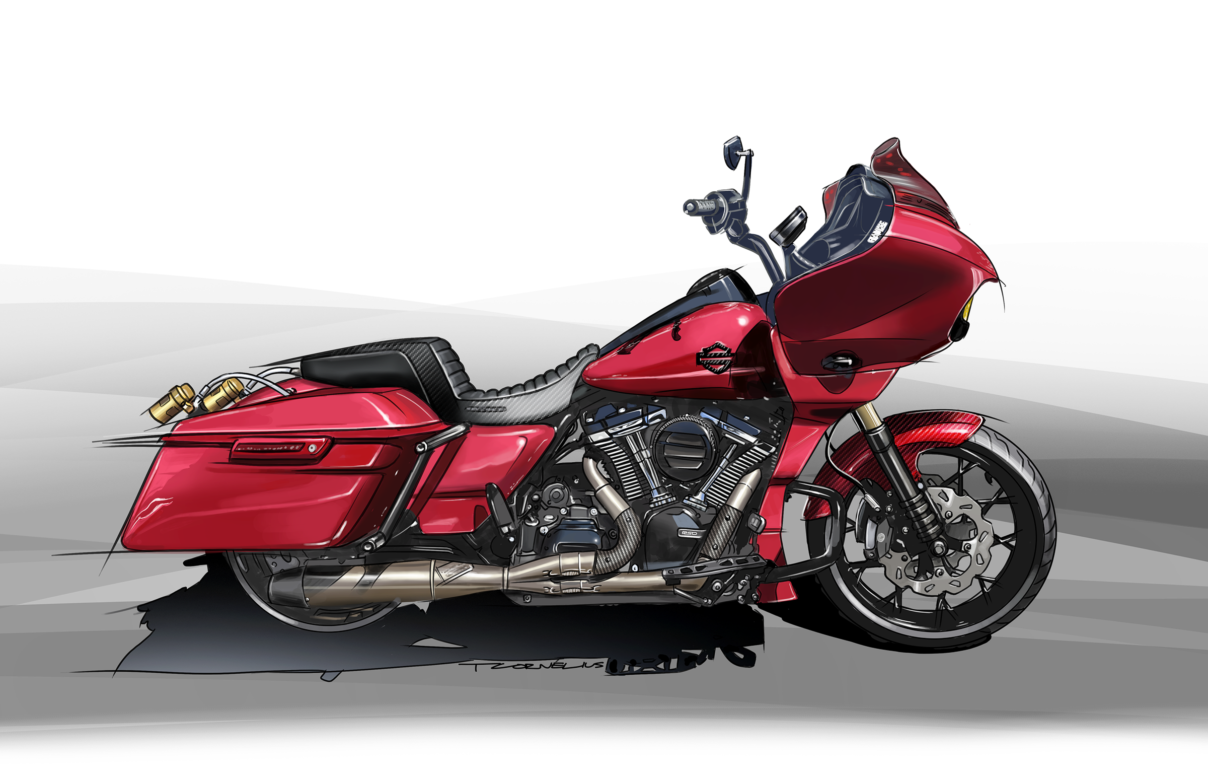 Digital illustration of a red touring motorcycle with detailed components, black seating, and a large front fairing, set against a plain gray background.