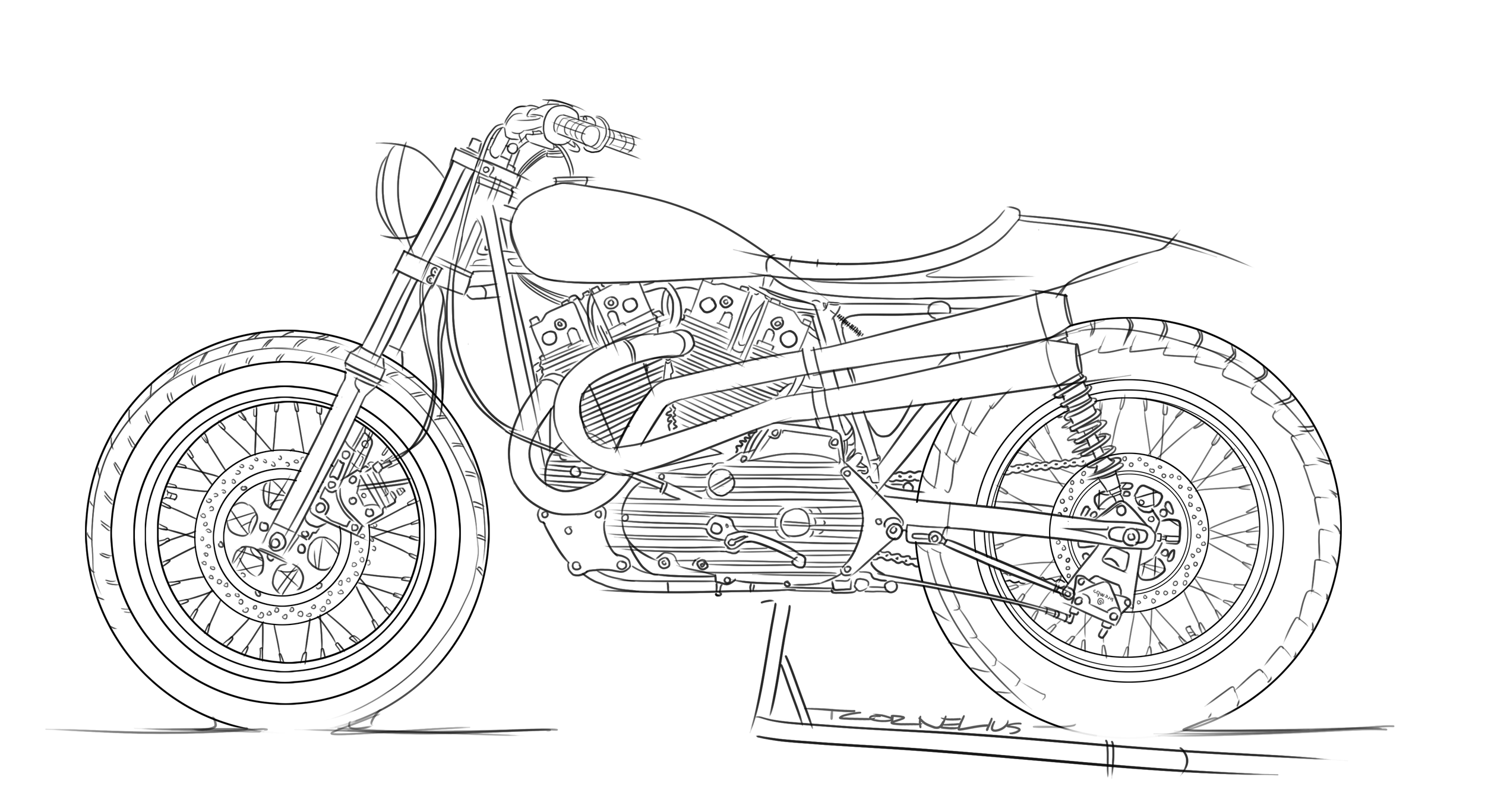 Line drawing of a motorcycle viewed from the side, showing detailed components including wheels, engine, frame, suspension, and exhaust system.