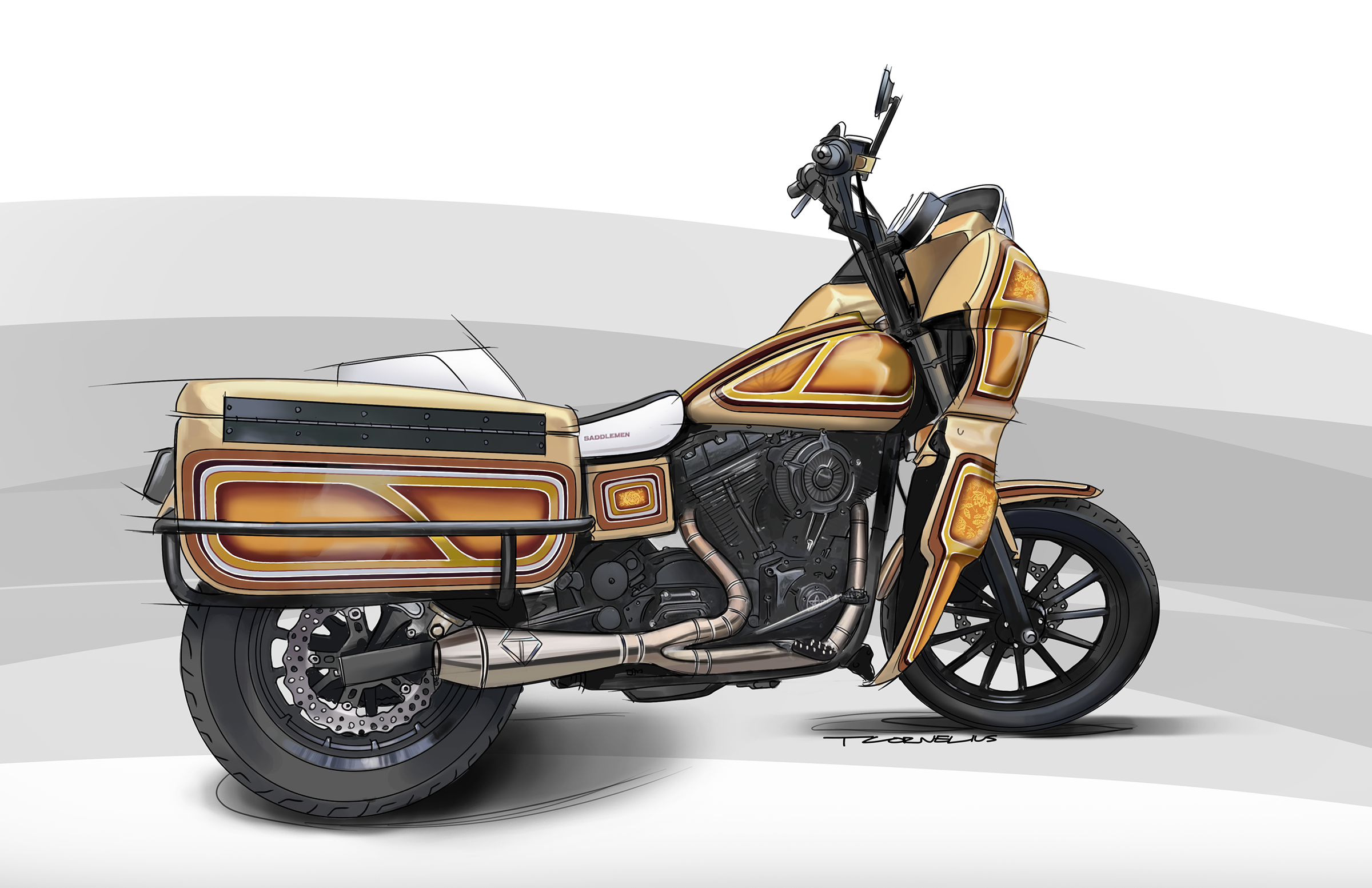 A detailed digital illustration of a vintage-style motorcycle with a sidecar, featuring a tan and brown color scheme and black accents, set against a plain background.