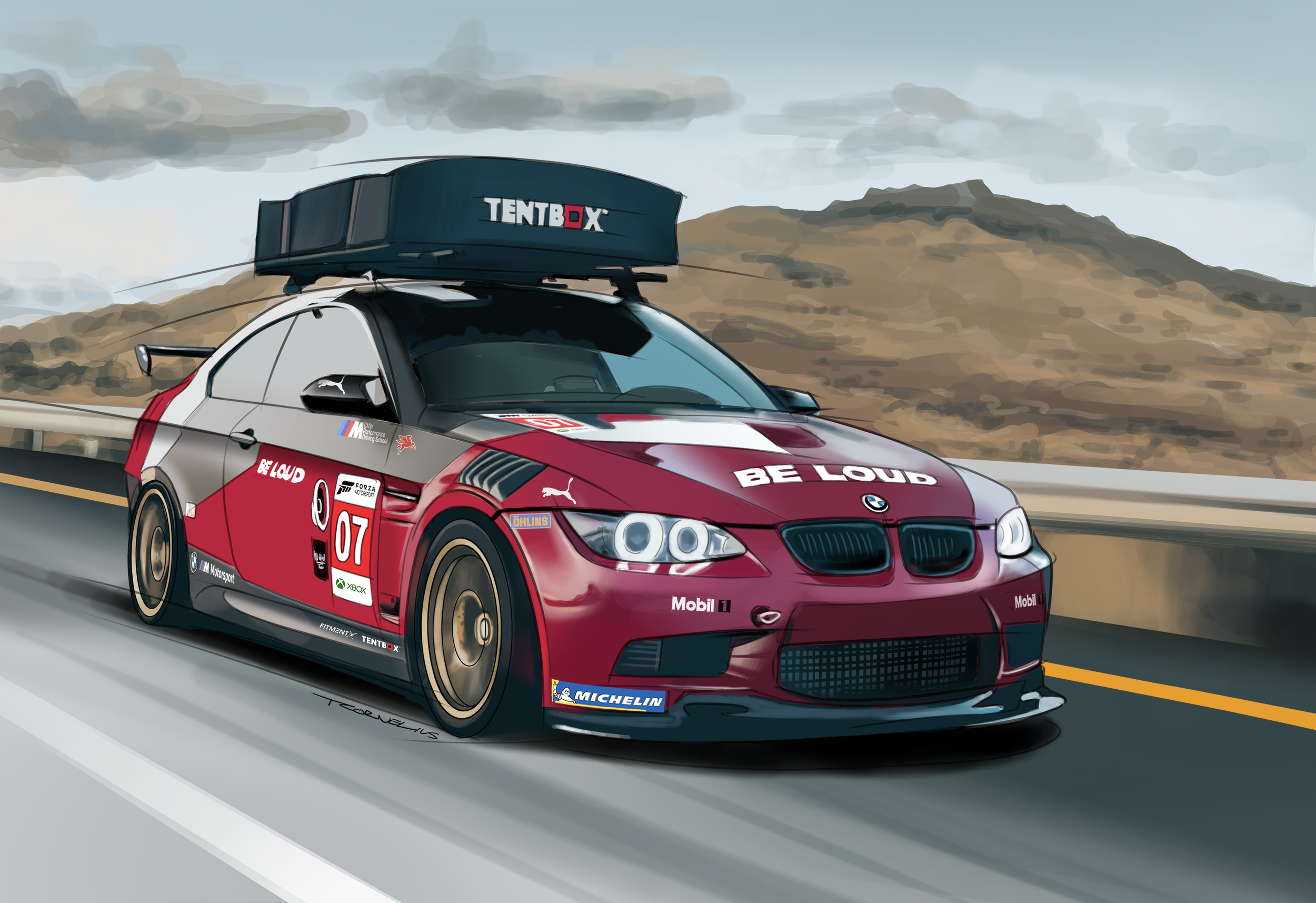 A red and black race car with sponsor logos, including BMW, Michelin, and Microsoft, driving on a highway with mountains in the background.
