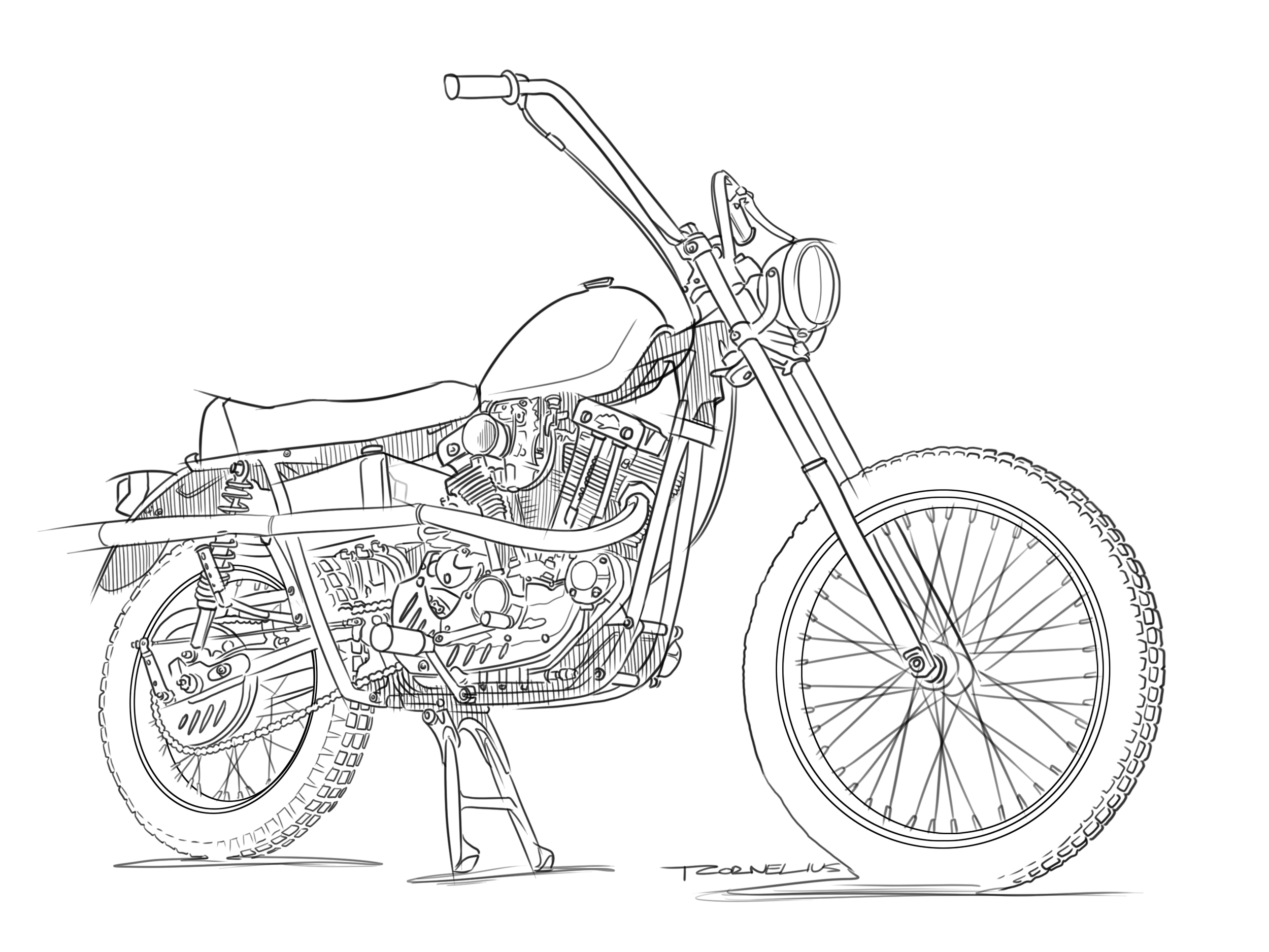 Line drawing of a vintage motorcycle with detailed engine and front wheel.