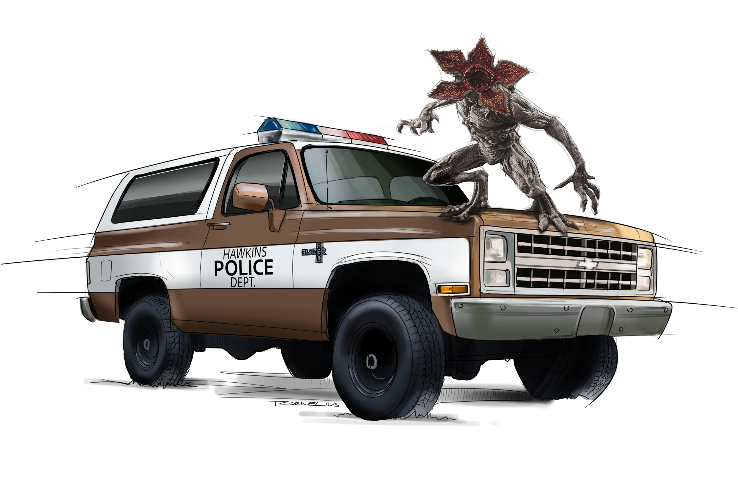 A digital illustration of a police SUV with a creature resembling a monster or alien perched on the hood. The creature has a large flower-like head, gray skin, and sharp claws.