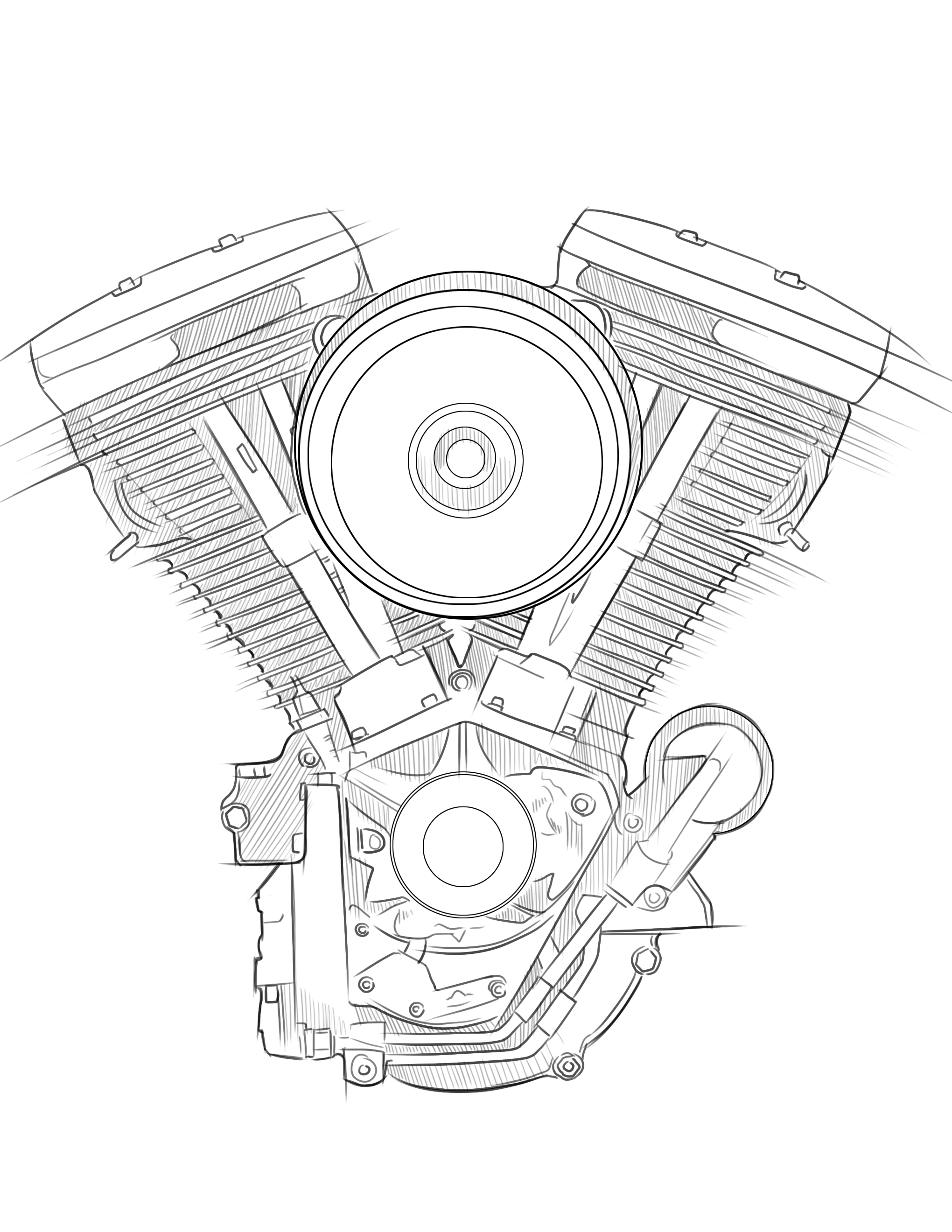 A line drawing of a V-twin engine, showing the cylinders, pistons, and various engine components.
